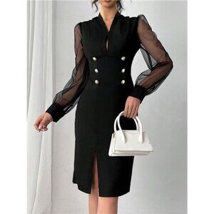 Slit Front Sheer Sleeve Dress